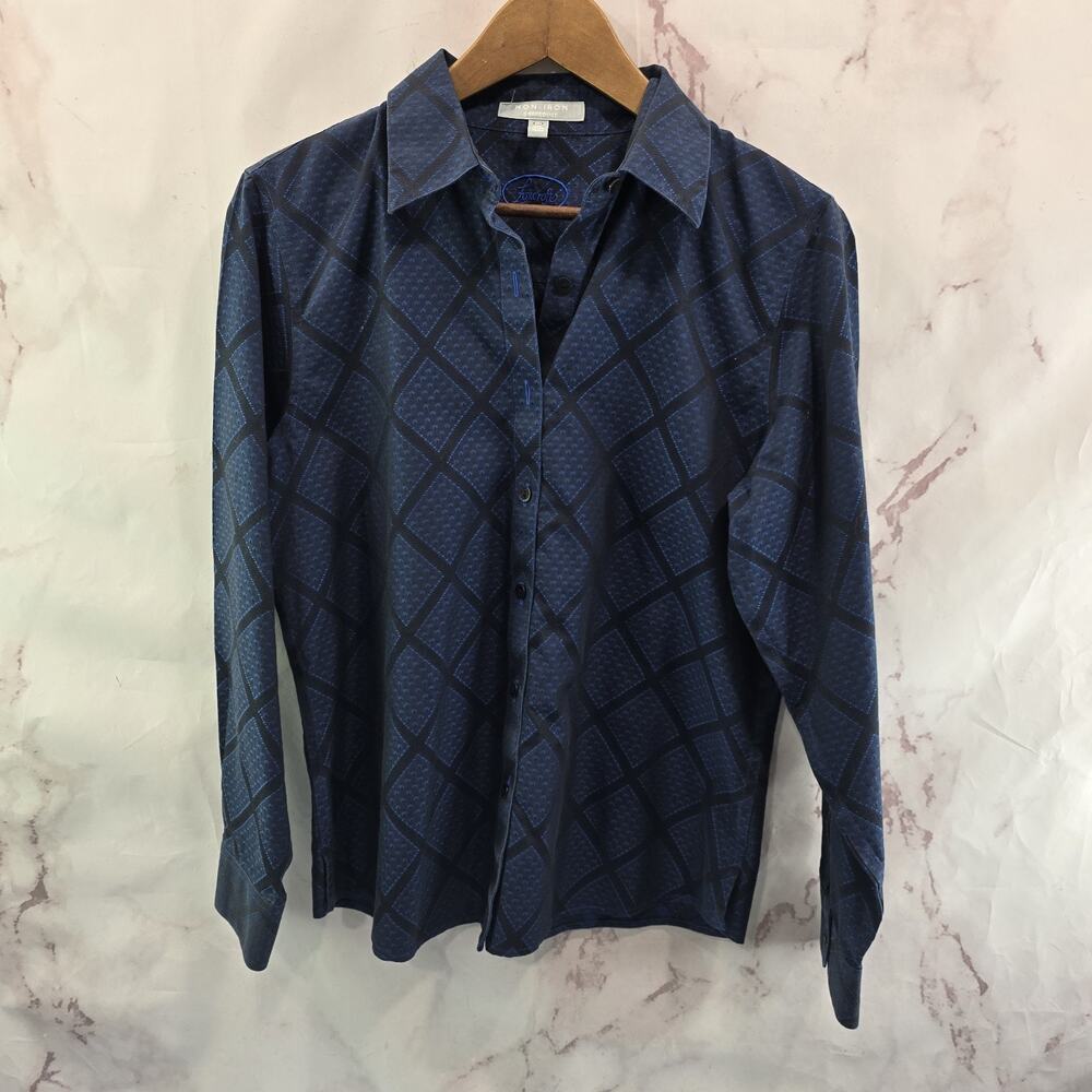 Foxcroft Shirt Womens 10 P Blue Plaid Button Up Wrinkle Free Non Iron Diamond